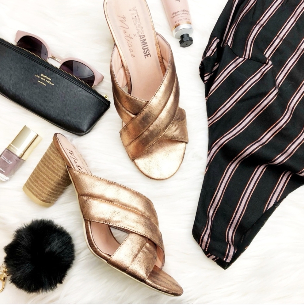 Rose gold heeled mule sandal